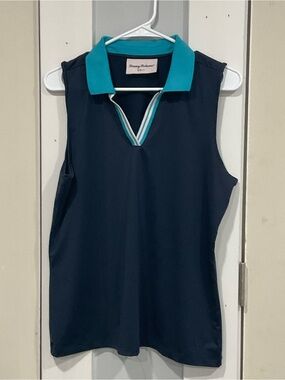 Tommy Bahama Navy Sleeveless Polo Tank with Teal Collar and Stripe Trim
